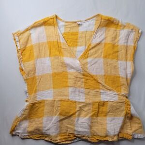 Old Navy Women's XL Yellow Gingham Wrap Top Short Sleeve Blouse Linen Cotton Y2K